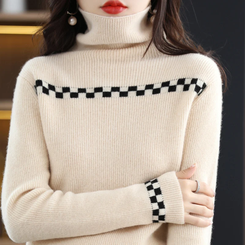 2023 Осенне-Зимний женский Новый пуловер, повседневный свитер с воротником из 100% шерсти, мягкая и дышащая блузка