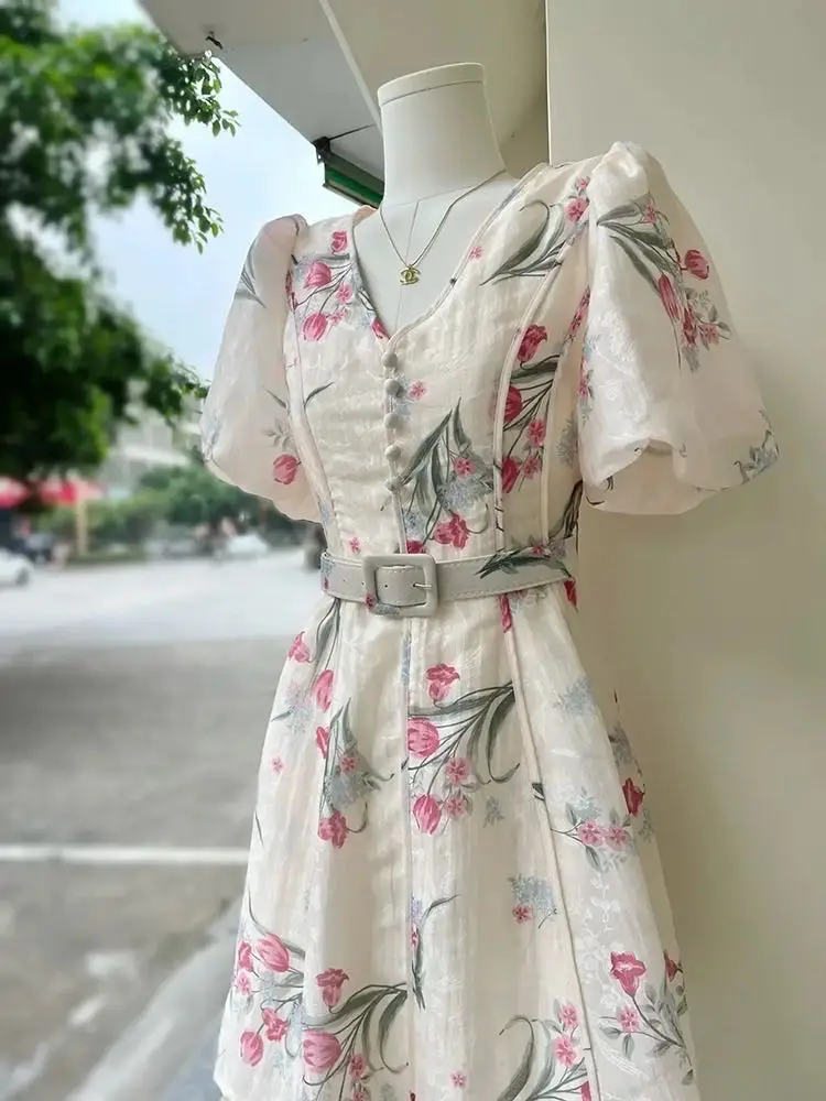 Высококачественное белое платье с V-образным вырезом и принтом, женские летние элегантные офисные платья 2023 года