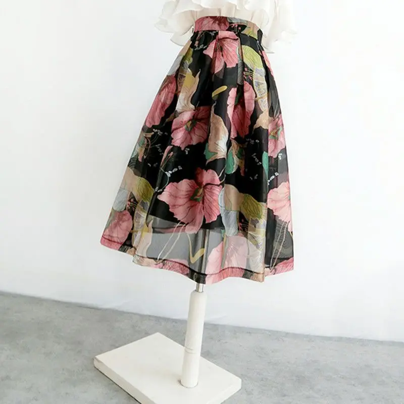 Модная летняя женская рубашка с высокой талией и цветочным принтом, женская одежда, Элегантное темпераментное плиссированное бальное платье, юбки Миди