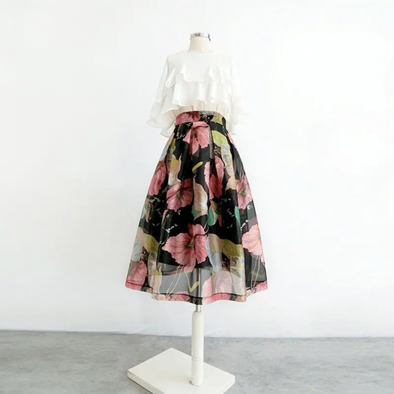 Модная летняя женская рубашка с высокой талией и цветочным принтом, женская одежда, Элегантное темпераментное плиссированное бальное платье, юбки Миди
