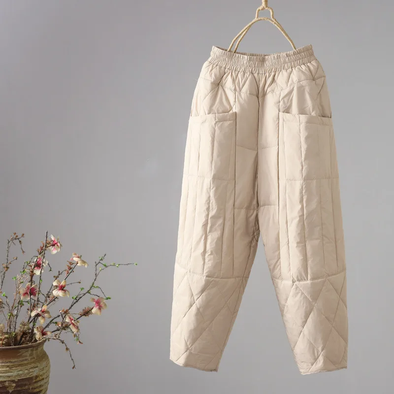 2023 Новые поступления, Зимние однотонные женские повседневные брюки с ромбовидным рисунком, Белый утиный пух, ветрозащитные Теплые Корейские брюки