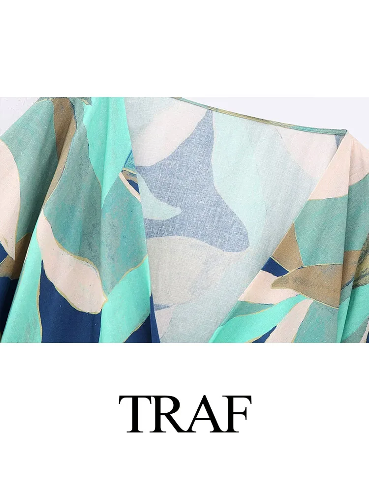 TRAF Женские Модные блузки Льняной принт, V-образный вырез, свободный рукав в три четверти, Женская рубашка со складками, повседневные рубашки Mujer