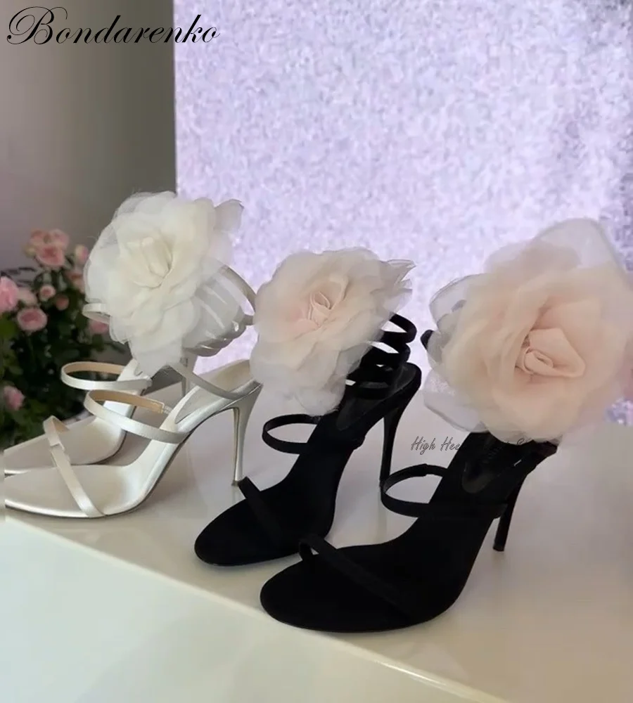 Босоножки на щиколотке с 3D цветами, женские летние босоножки на высоком каблуке с атласными кожаными ремешками, туфли на шпильке, Роскошные Дизайнерские Белые свадебные туфли для вечеринки