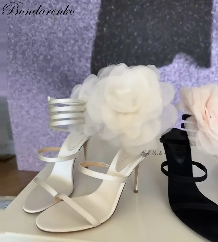 Босоножки на щиколотке с 3D цветами, женские летние босоножки на высоком каблуке с атласными кожаными ремешками, туфли на шпильке, Роскошные Дизайнерские Белые свадебные туфли для вечеринки