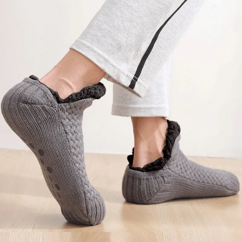 Женские вязаные носки-тапочки Oeak, Уютные пушистые носки, Нескользящие носки, мужские зимние домашние двухслойные носки-тапочки для спальни, ЕС 35-45