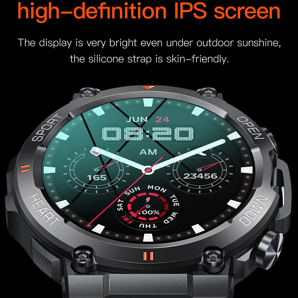Спортивные умные часы для мужчин с сенсорным экраном 1,39 дюйма HD, музыкальный проигрыватель Blue Tooth, пульсометр, кислородный монитор в крови, смарт-часы с тремя доказательствами