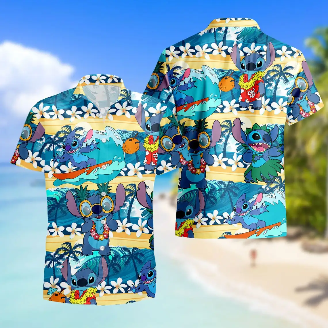 Гавайские рубашки Stitch, летние модные рубашки с коротким рукавом, мужские Женские повседневные пляжные рубашки, Гавайские рубашки Disney