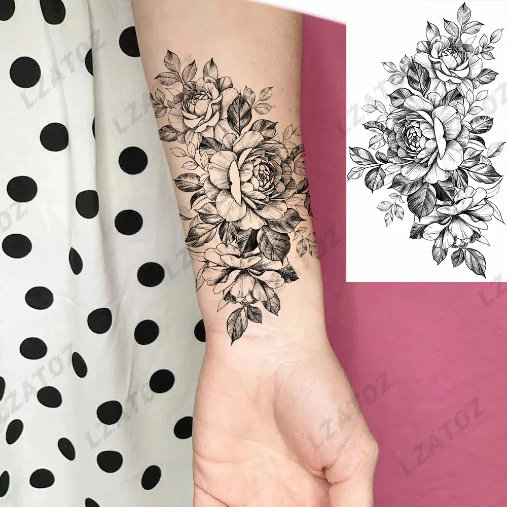 Сексуальные временные татуировки в виде цветка пиона для женщин и взрослых, реалистичная роза, бабочка, флора, поддельная татуировка, наклейка, татуировки, которые можно стирать вручную.