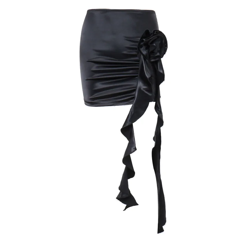 Сексуальные черные мини-юбки для женской клубной одежды с 3d цветочной аппликацией, рюшами и бахромой, асимметричная юбка Летняя