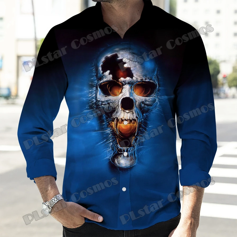 Осенняя новая мужская рубашка с отложным воротником и татуировкой черепа с 3D-принтом, модная мужская рубашка с длинным рукавом и пуговицами CXS45
