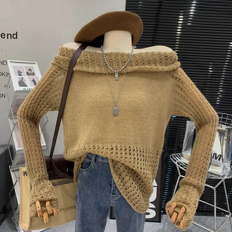 Выдолбленный дизайн с открытыми плечами, свободный вязаный пуловер и свитер в ленивом стиле.