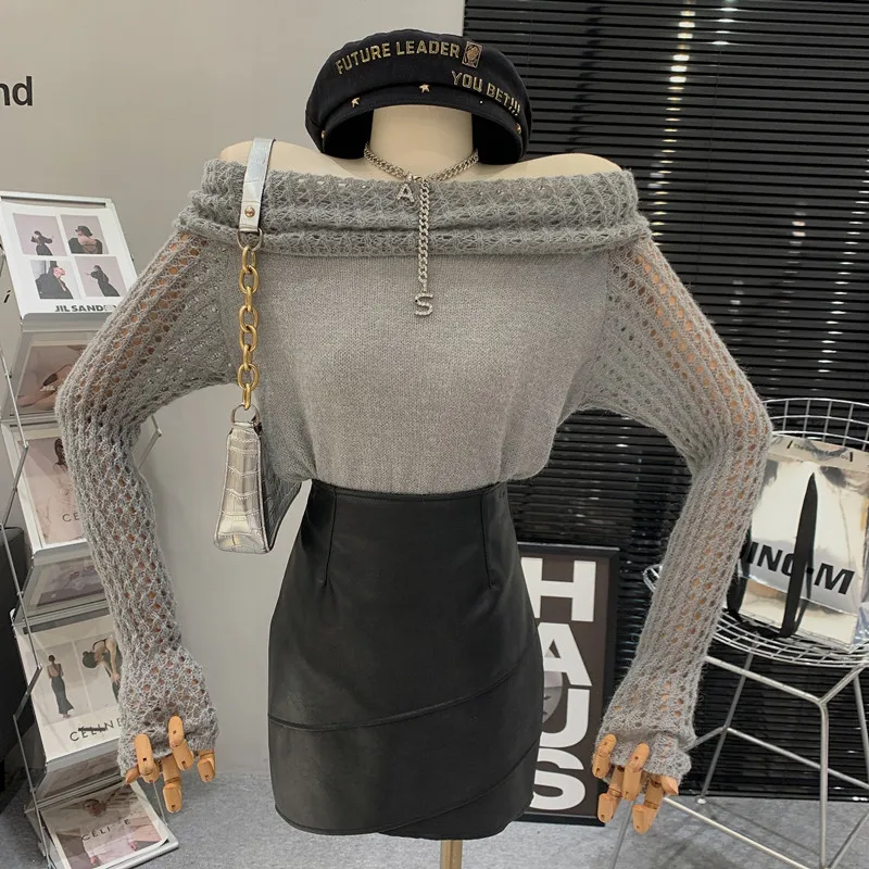 Выдолбленный дизайн с открытыми плечами, свободный вязаный пуловер и свитер в ленивом стиле.