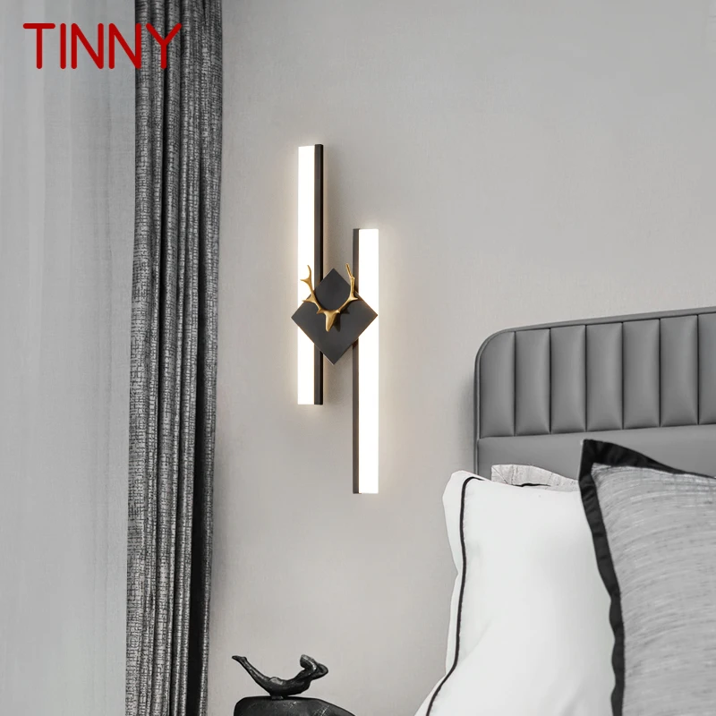 Металлический настенный светильник из скандинавской латуни, креативный светильник-бра с черными оленьими рогами, современный светодиодный светильник 3 цвета для декора дома, гостиной, спальни