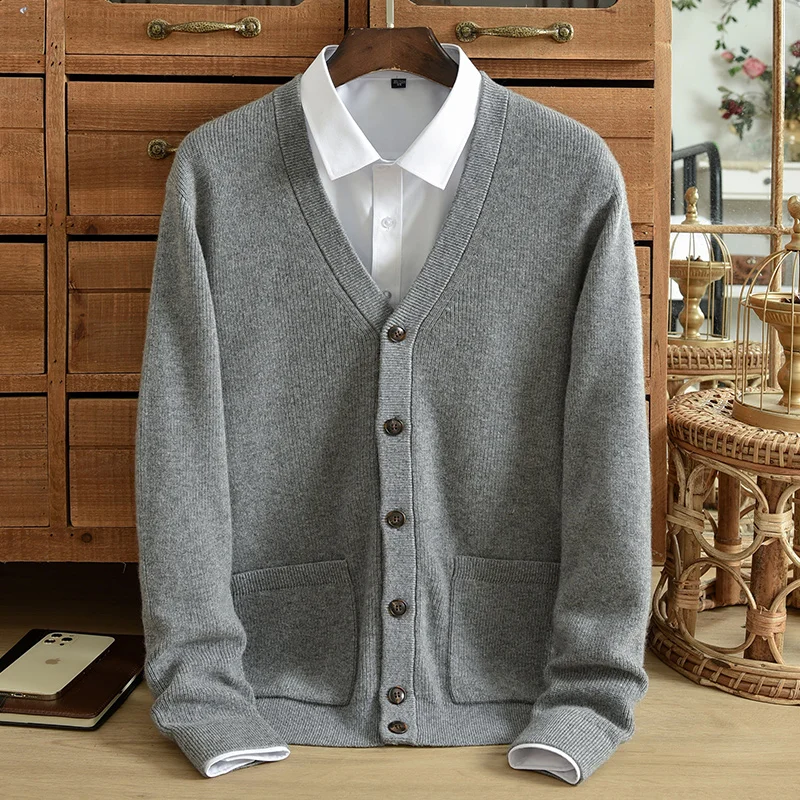 Зимний Натуральный кардиган из чистого кашемира, мужской кардиган с V-образным вырезом и карманом на пуговицах, Вязаное свободное пальто среднего возраста, повседневный утолщенный свитер
