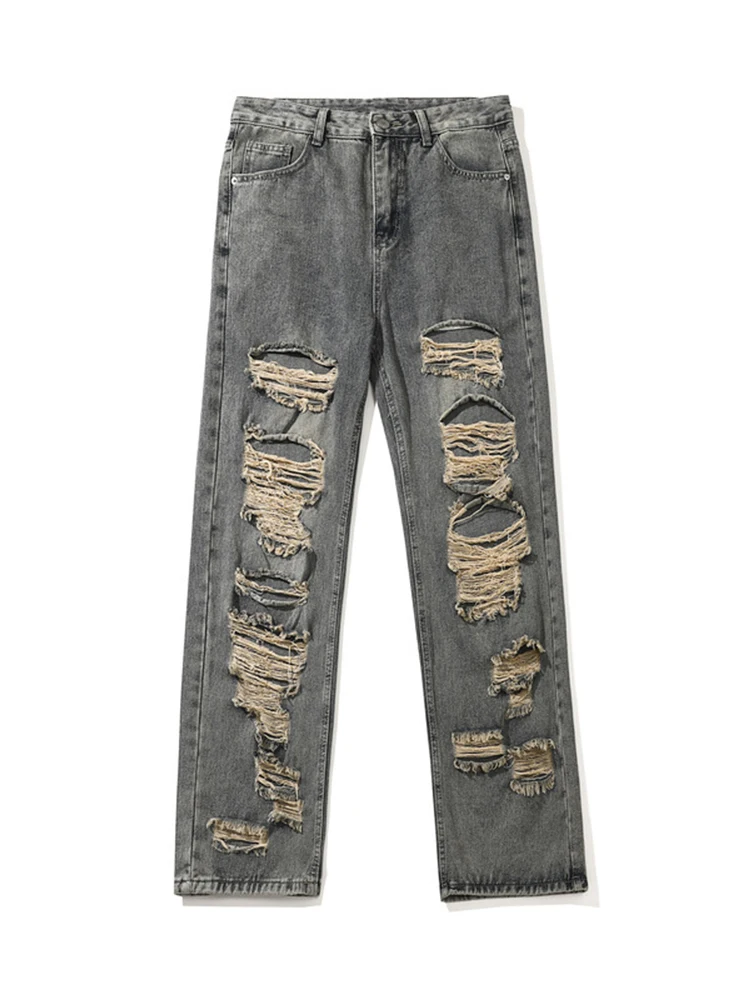 Рваные, с потертыми дырками, синие, застиранные джинсовые брюки для мужчин и женщин, уличная одежда с карманами, повседневные мешковатые джинсовые брюки Y2k, мужская одежда