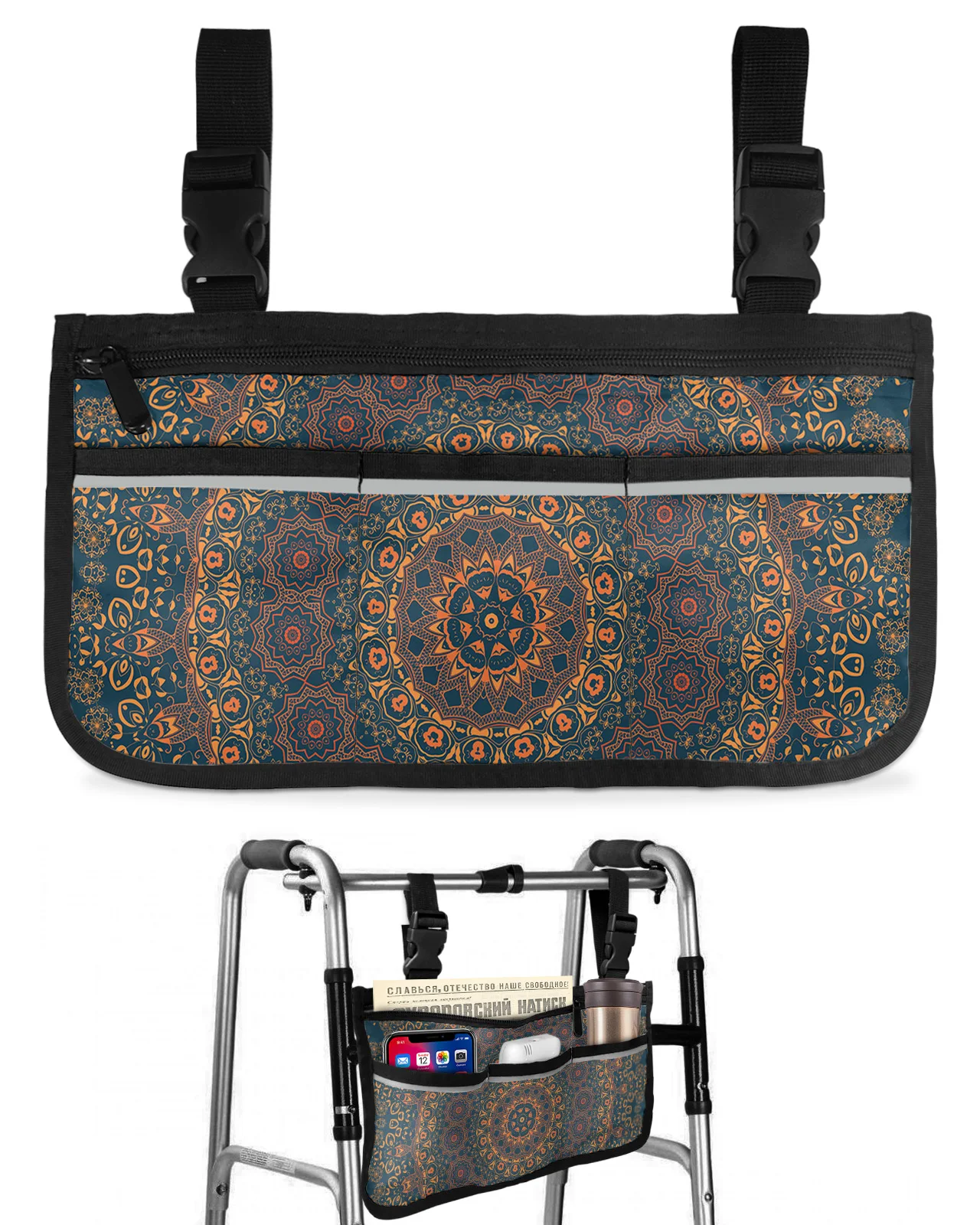 Ретро-сумка для инвалидной коляски с рисунком Мандалы, карманы, Подлокотники, Боковые сумки, Прогулочная Рама для электрического скутера, Сумка для хранения
