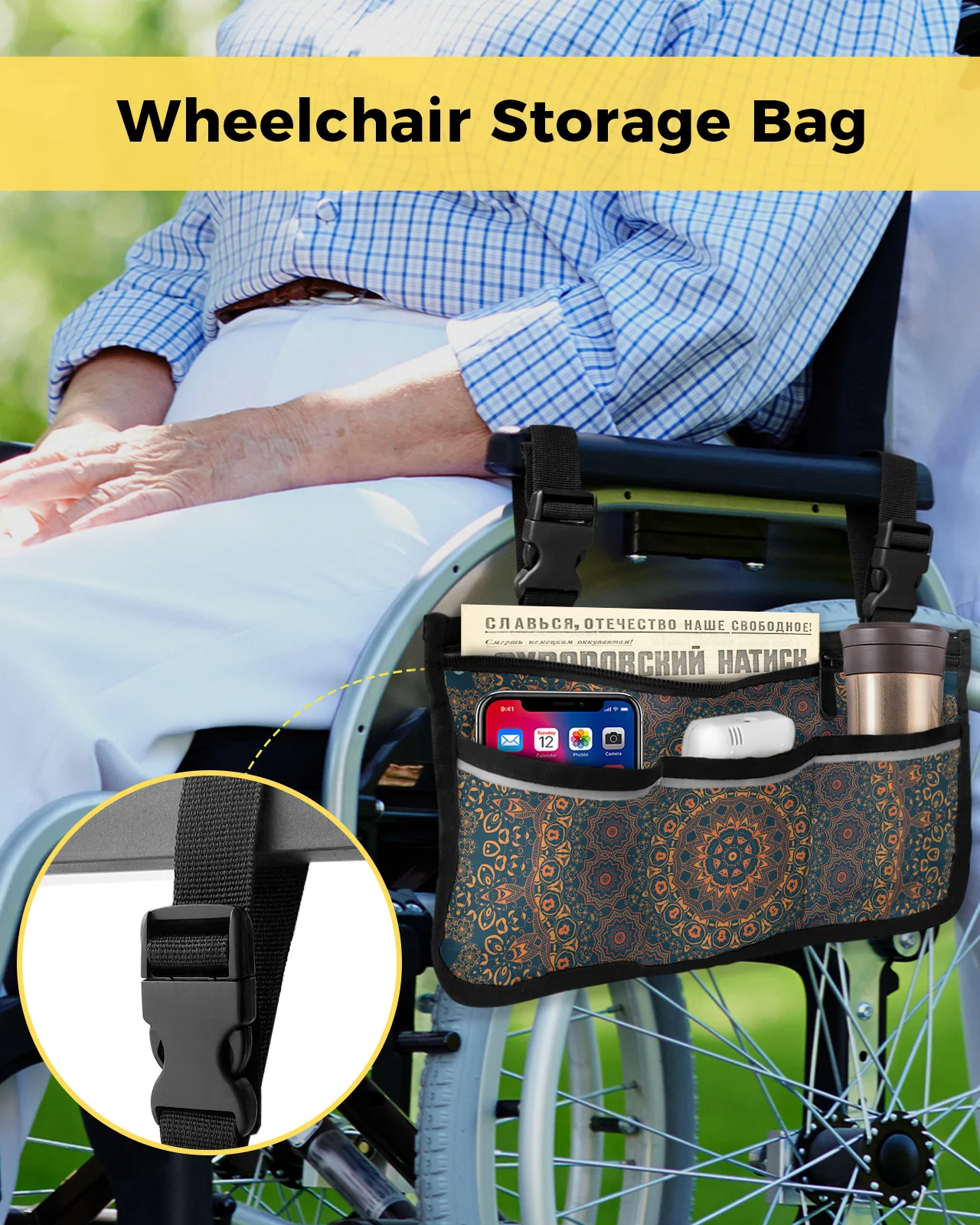 Ретро-сумка для инвалидной коляски с рисунком Мандалы, карманы, Подлокотники, Боковые сумки, Прогулочная Рама для электрического скутера, Сумка для хранения