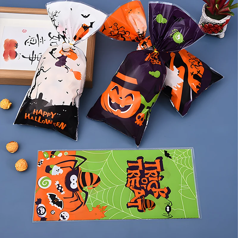 50шт Пакет для конфет на Хэллоуин, Тыквенные пакеты для подарков на Хэллоуин, Пластиковые пакеты для упаковки угощений, Принадлежности для украшения вечеринки на Хэллоуин