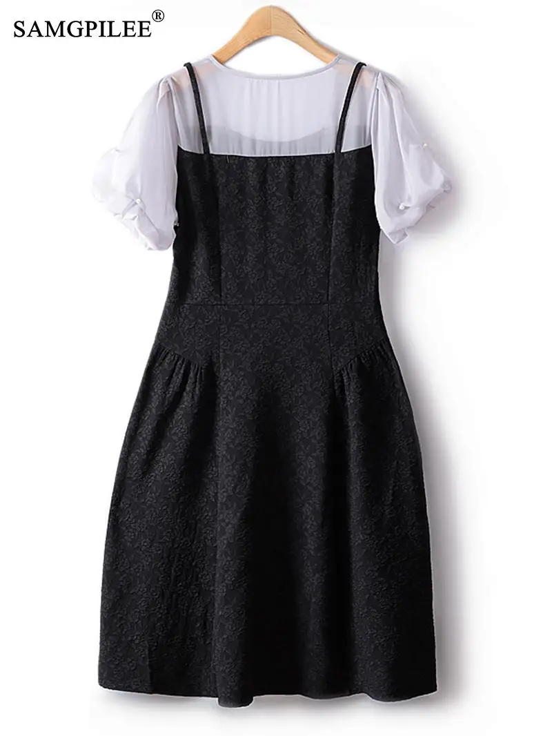 Летние Элегантные платья для женщин, милая французская мода, поддельные двойки, жаккардовые пышные рукава, Маленькое черное платье с высокой талией 4XL