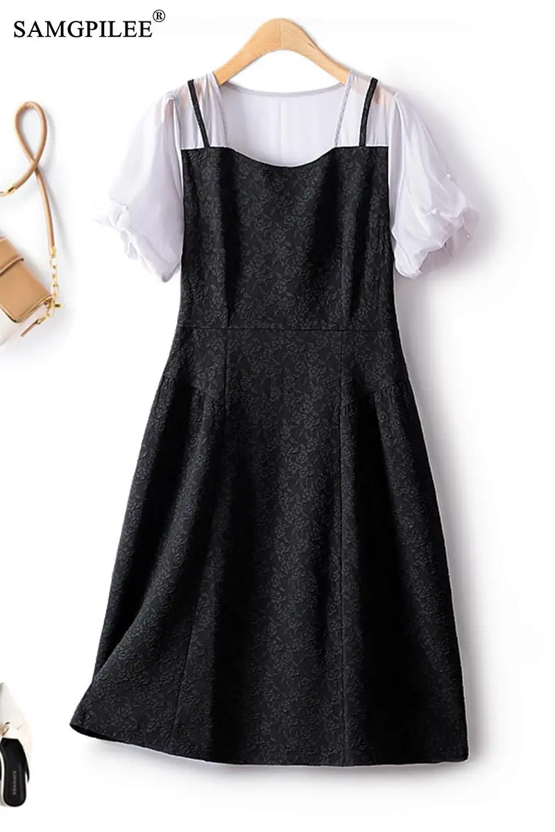 Летние Элегантные платья для женщин, милая французская мода, поддельные двойки, жаккардовые пышные рукава, Маленькое черное платье с высокой талией 4XL