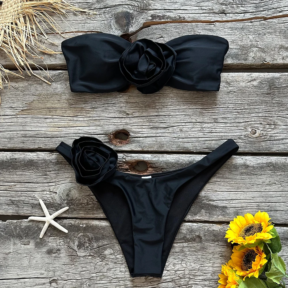 Сексуальная женская двойка с цветочной шнуровкой 2023, бюстгальтер с подкладкой Пуш-Ап, Черный комплект бикини, купальник, купальный костюм, пляжная одежда, Бикини