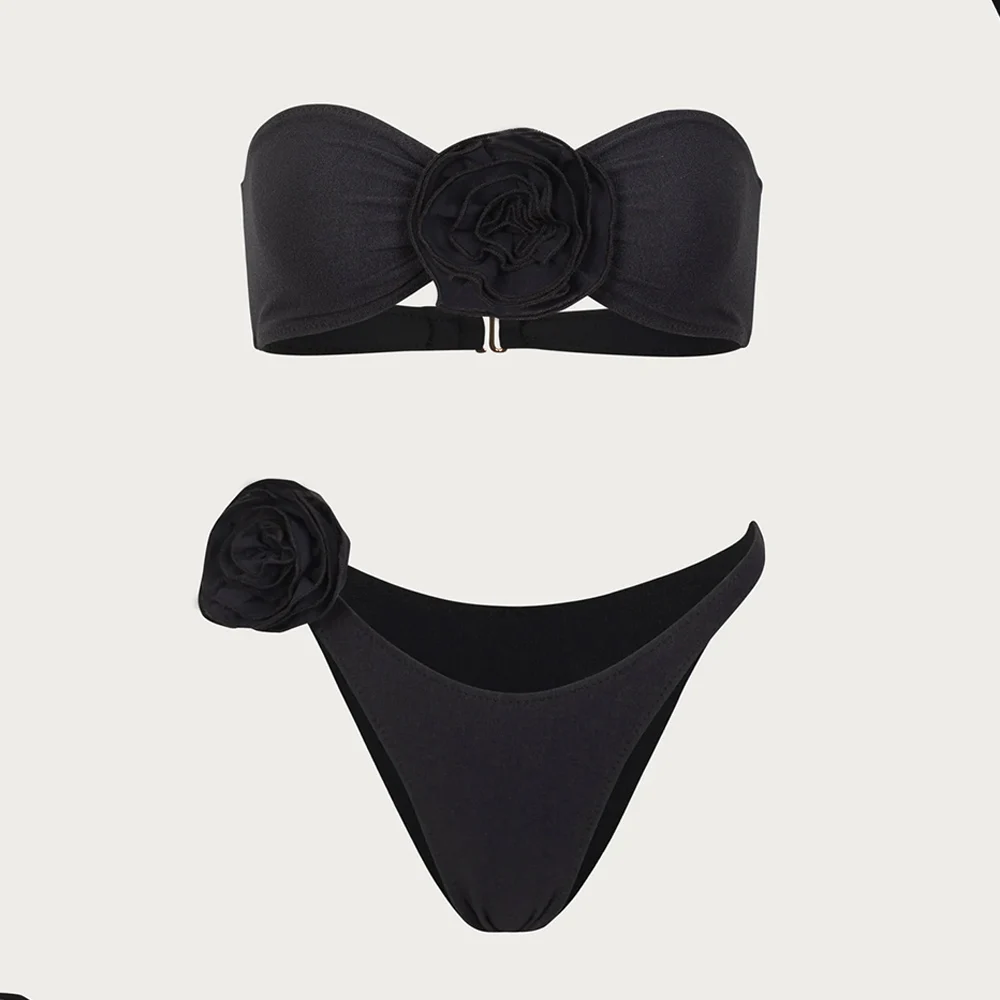 Сексуальная женская двойка с цветочной шнуровкой 2023, бюстгальтер с подкладкой Пуш-Ап, Черный комплект бикини, купальник, купальный костюм, пляжная одежда, Бикини