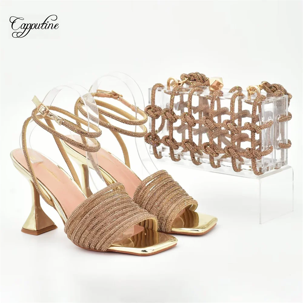 Роскошные золотые женские босоножки и сумка В комплекте К вечерней женской летней обуви с сумочкой-лодочкой, клатчу Sandales Femmes 938-72