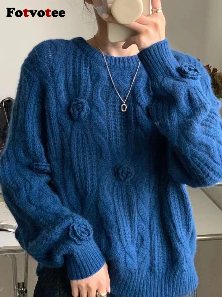 Женский свитер Fotvotee, пуловер, джемпер, вязаные укороченные свитера с винтажными аппликациями и круглым вырезом, осень-зима 2023, модная одежда