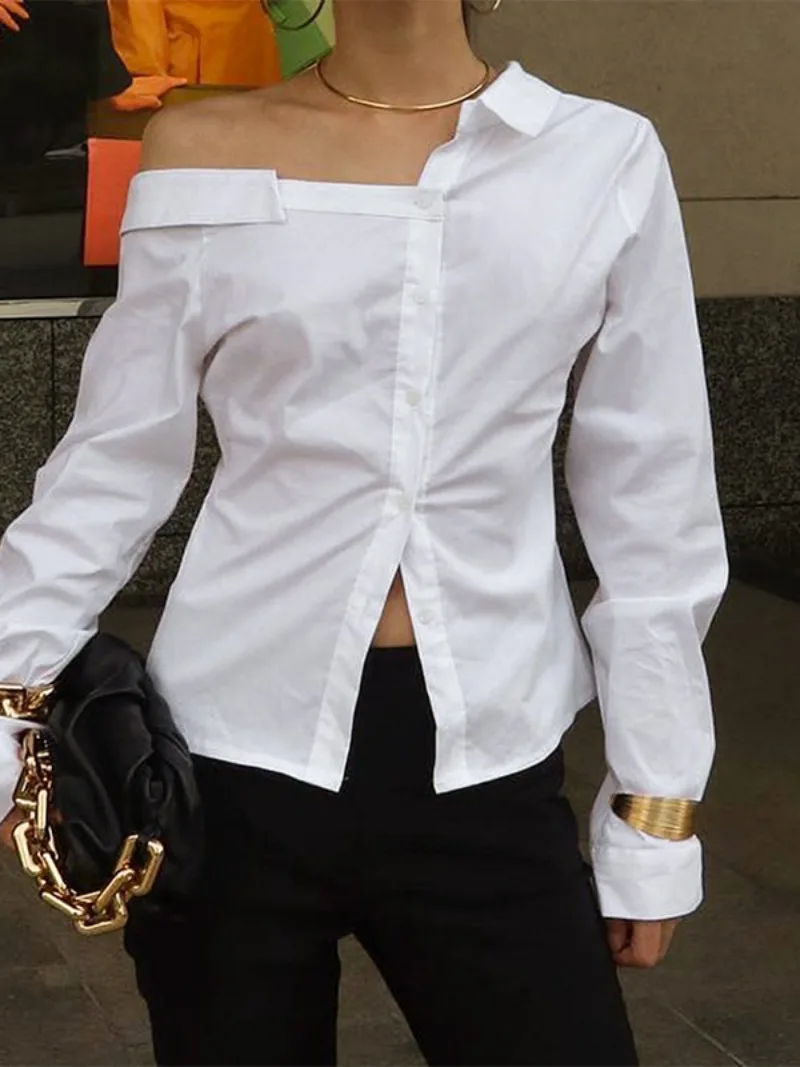 Элегантные осенние женские рубашки с диагональным воротником 2023, однобортные однотонные белые топы с длинным рукавом, уличная одежда, офисные женские блузки