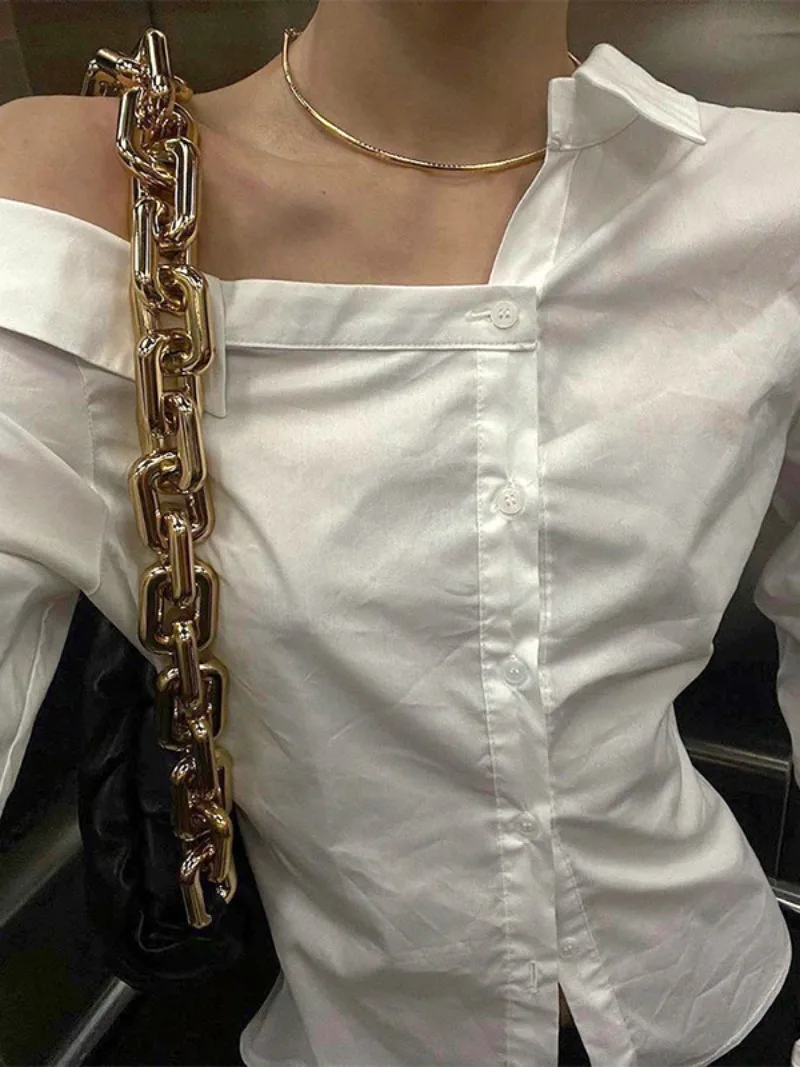 Элегантные осенние женские рубашки с диагональным воротником 2023, однобортные однотонные белые топы с длинным рукавом, уличная одежда, офисные женские блузки