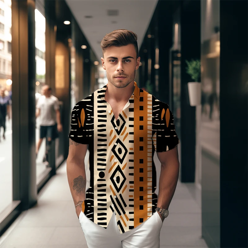 Рубашка с 3D принтом в племенном этническом стиле, мужская модная Классическая рубашка на пуговицах, Уличная Ретро-рубашка с коротким рукавом, Летняя рубашка Оверсайз