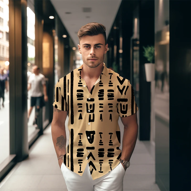 Рубашка с 3D принтом в племенном этническом стиле, мужская модная Классическая рубашка на пуговицах, Уличная Ретро-рубашка с коротким рукавом, Летняя рубашка Оверсайз