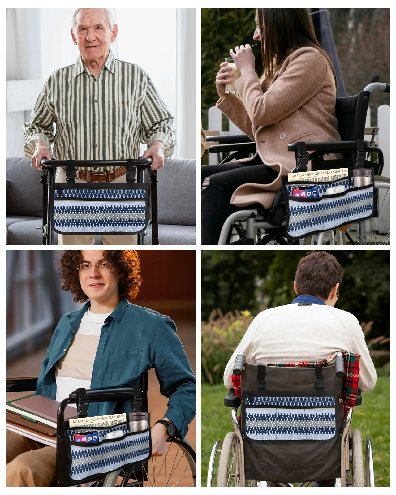 Геометрический сине-серый средневековый подлокотник для инвалидной коляски, боковое хранилище, Несколько карманов со светоотражающими полосками, подвесная сумка для хранения