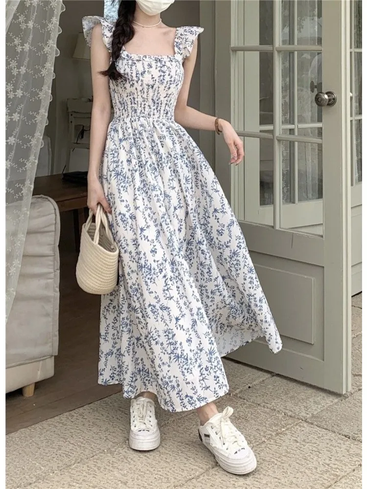 Корейское модное длинное платье с цветочным рисунком, женские летние летящие рукава, квадратный вырез, Сладкие макси-платья, платье миди для вечеринок, ночных каникул.
