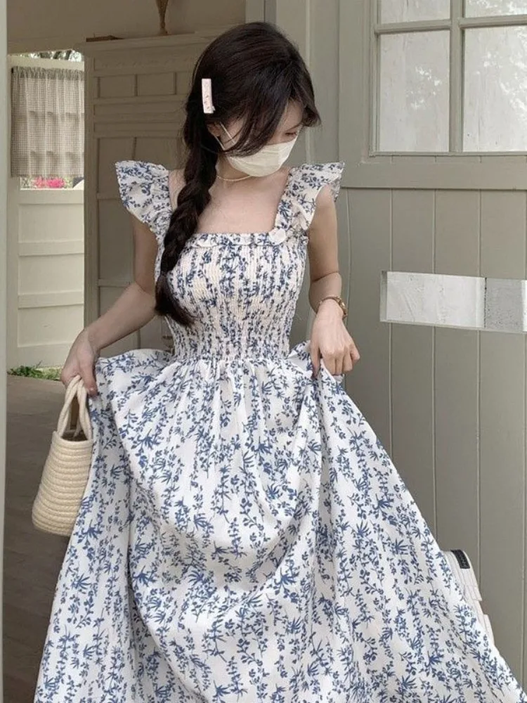 Корейское модное длинное платье с цветочным рисунком, женские летние летящие рукава, квадратный вырез, Сладкие макси-платья, платье миди для вечеринок, ночных каникул.