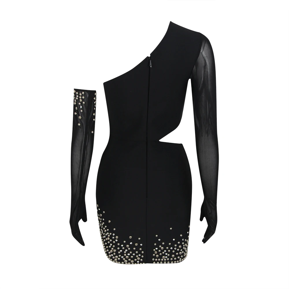 2023 Черное Сексуальное женское мини-платье с повязкой на одно плечо с длинным рукавом, расшитое бисером, вечернее платье для вечеринки знаменитостей