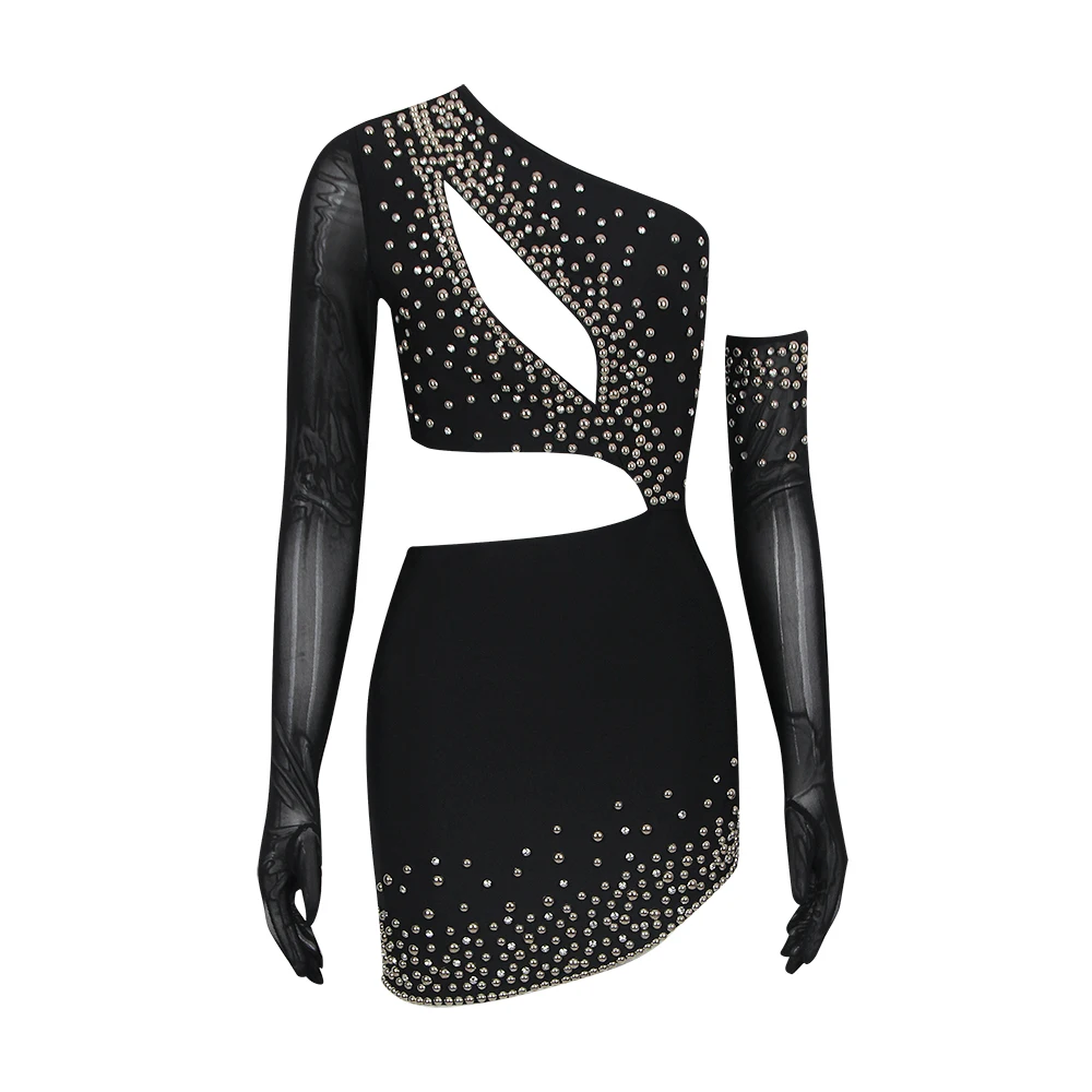 2023 Черное Сексуальное женское мини-платье с повязкой на одно плечо с длинным рукавом, расшитое бисером, вечернее платье для вечеринки знаменитостей
