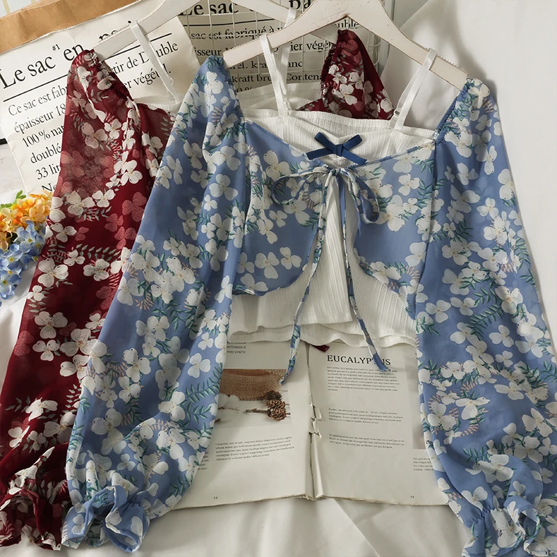 Женские рубашки и блузки, шикарные поддельные двойки с открытыми плечами, рубашки с длинным рукавом, укороченный топ в Корейском стиле, Тонкие Женские топы с цветочным принтом
