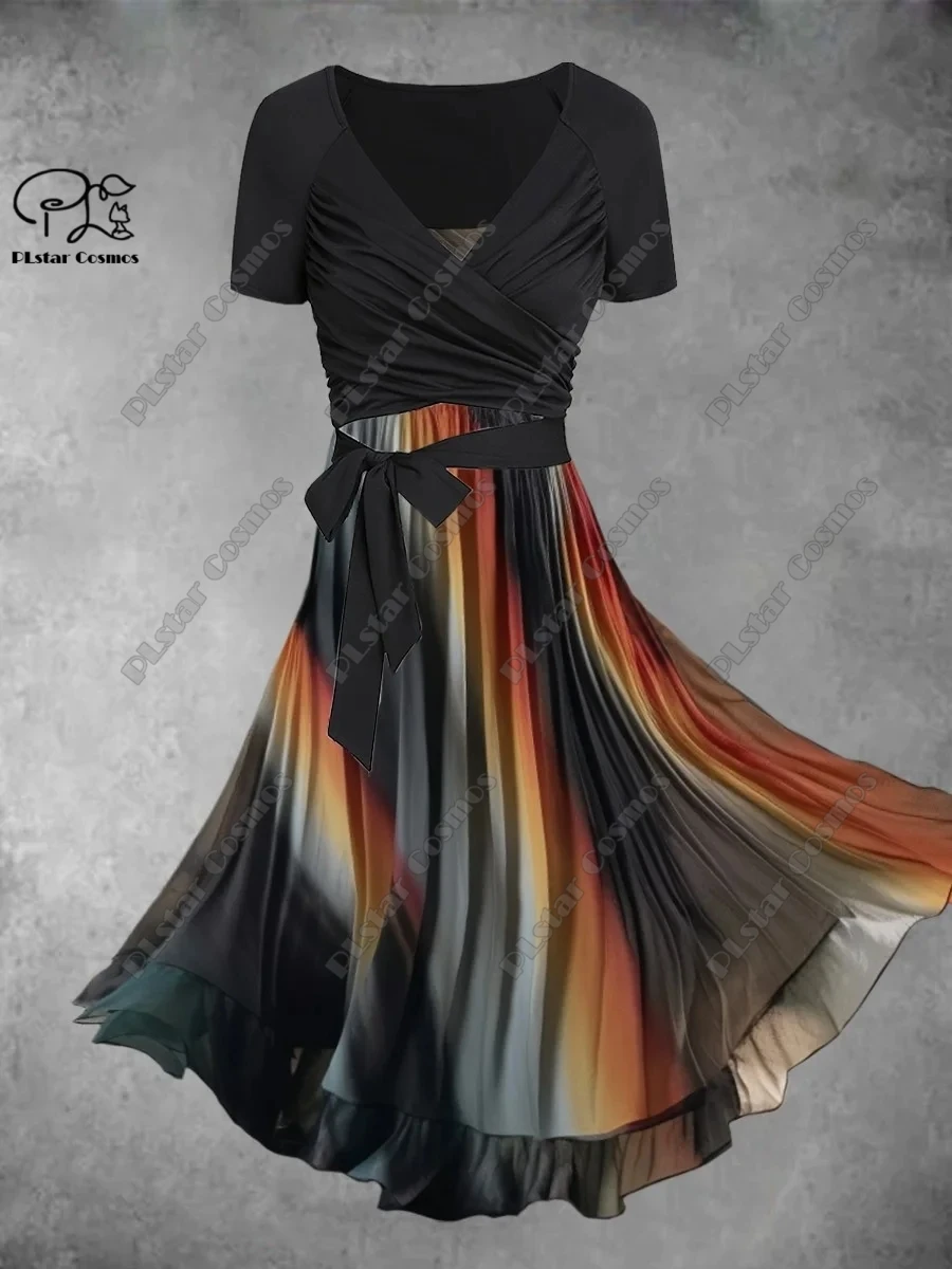 3D-печать павлиньего цветка, градиентная цветочная юбка-трапеция на подтяжках, саржевый черный топ с бантом, женский летний топ из двух частей