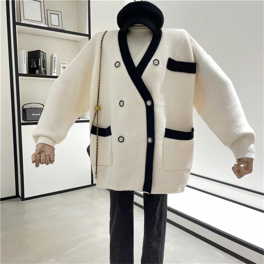 Женская куртка, новый корейский модный кардиган, осенние свитера с V-образным вырезом, пальто, плотная рубашка свободной вязки, топ высокого класса