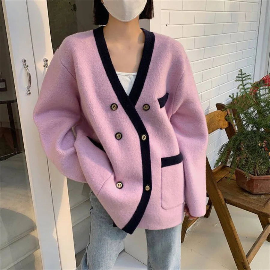 Женская куртка, новый корейский модный кардиган, осенние свитера с V-образным вырезом, пальто, плотная рубашка свободной вязки, топ высокого класса