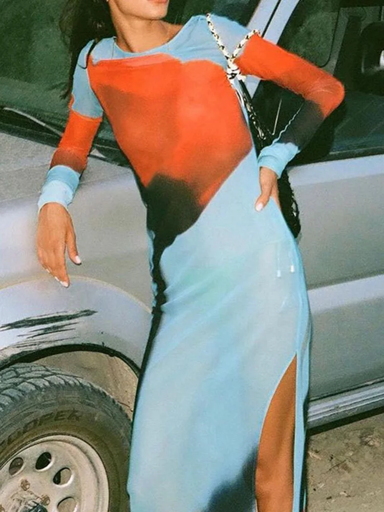 Ahagaga/ Модные, сексуальные макси-платья с сетчатым принтом, женская уличная одежда с круглым вырезом, прозрачные вечерние платья-футляры, повседневный разрез