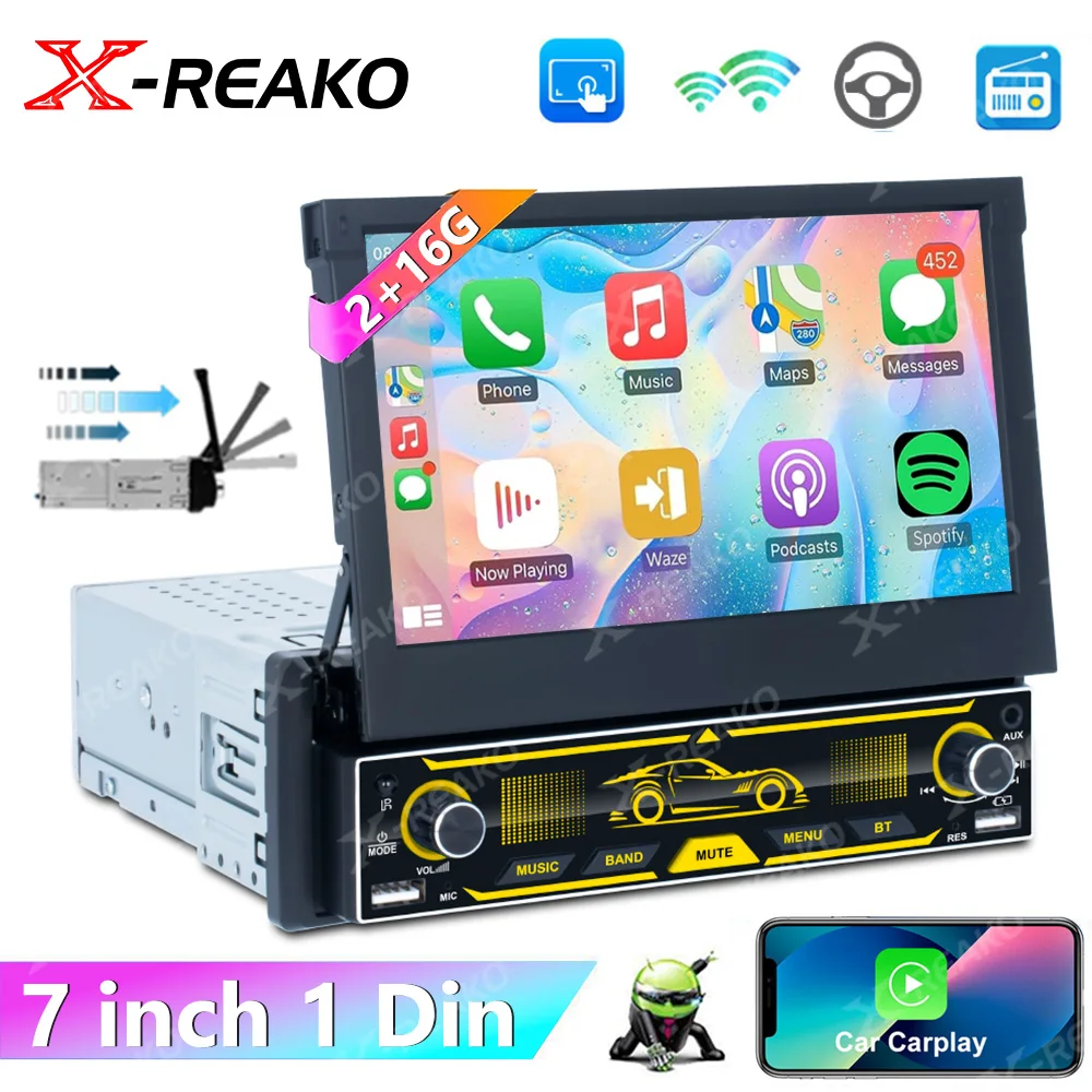 X-REAKO Android 10 7-дюймовый Автомобильный Мультимедийный Плеер 1 DIN Автомагнитола Аудио USB Carplay BT FM MirrorLink 1Din Ручной Выдвижной Экран