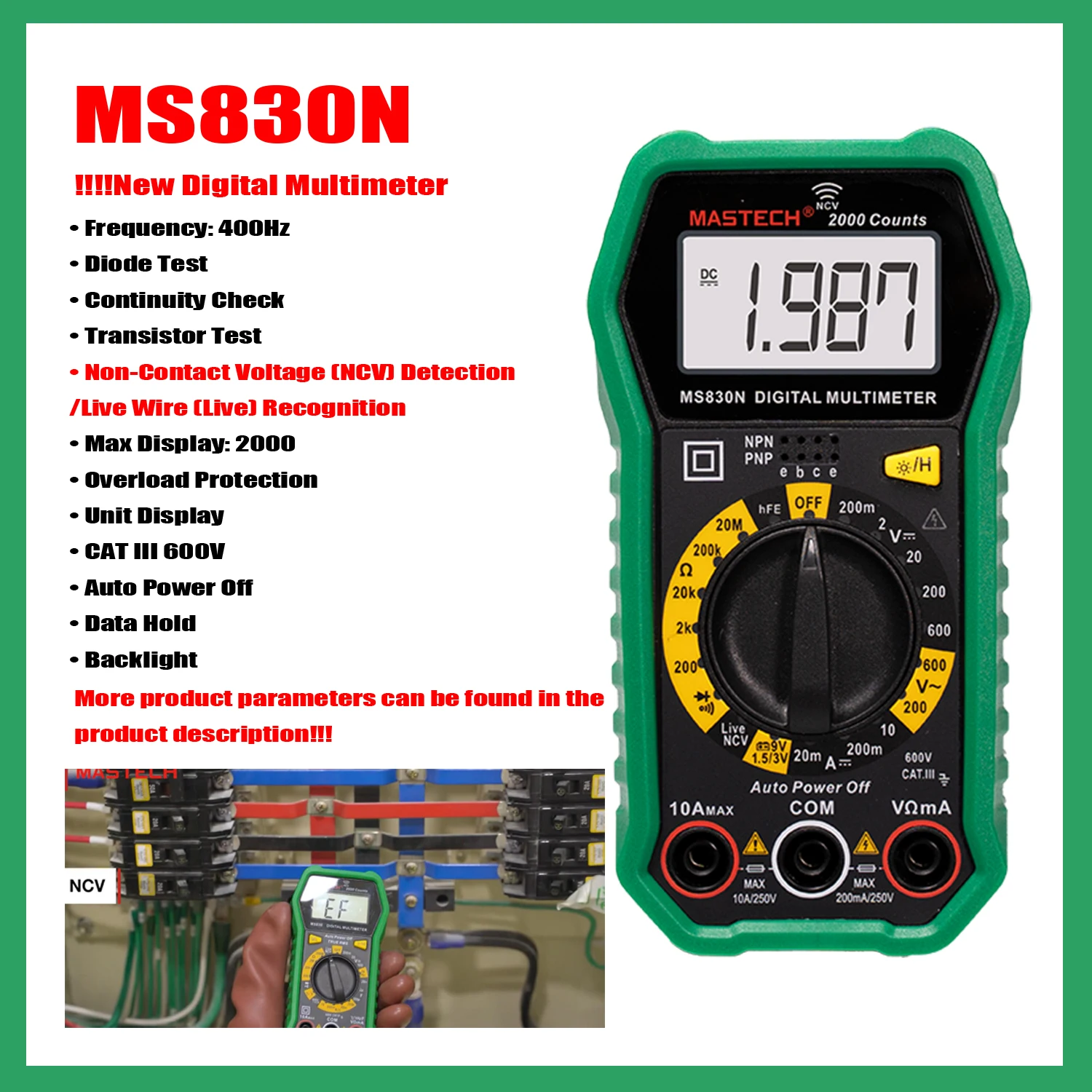 Профессиональный Цифровой мультиметр MASTECH MS830M MS830N MS830T, Максимальный дисплей: 2000; Защита от перегрузки; Постоянное напряжение постоянного тока, Новый