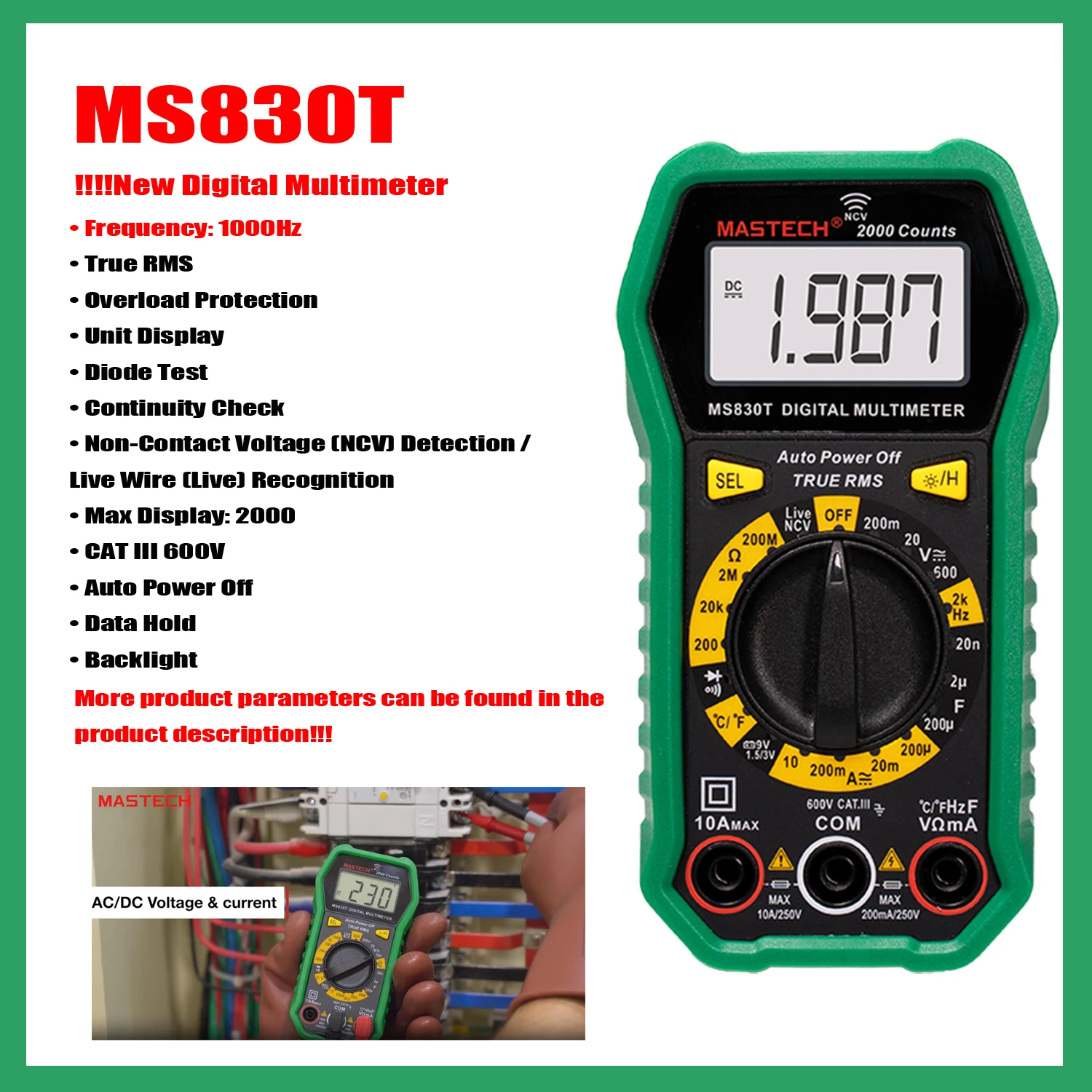 Профессиональный Цифровой мультиметр MASTECH MS830M MS830N MS830T, Максимальный дисплей: 2000; Защита от перегрузки; Постоянное напряжение постоянного тока, Новый