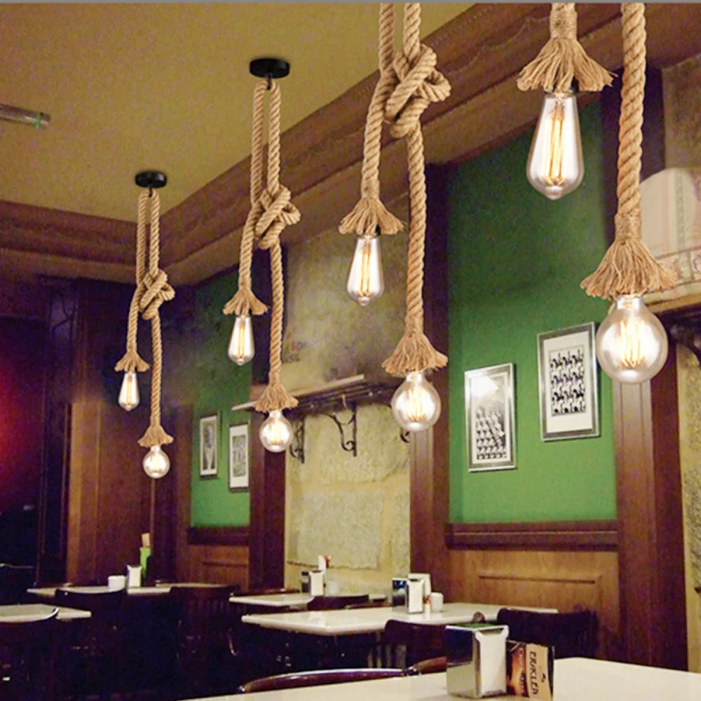 Винтажные подвесные светильники из пеньковой веревки, индивидуальность на чердаке, промышленное внутреннее освещение E27 для лофта / гостиной / бара, ретро подвесной светильник