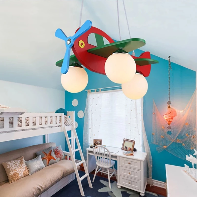 Деревянная люстра в виде самолета для детей, спальня для мальчиков, светодиодная подвесная лампа для детской, Подвесные фонари для самолетов