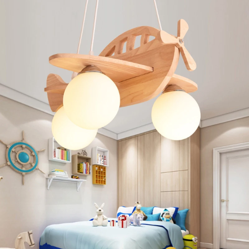 Деревянная люстра в виде самолета для детей, спальня для мальчиков, светодиодная подвесная лампа для детской, Подвесные фонари для самолетов