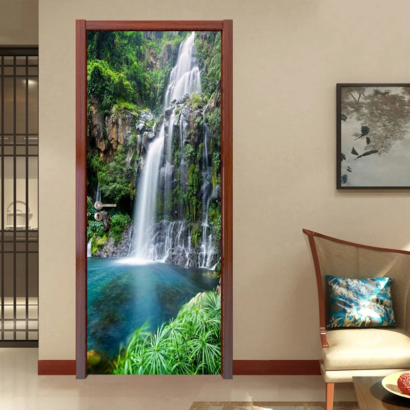 3D Фотообои Водопад Природа Пейзаж Дверная Наклейка ПВХ Водонепроницаемая Самоклеящаяся Дверная Фреска Papel De Parede 3D Home Decor
