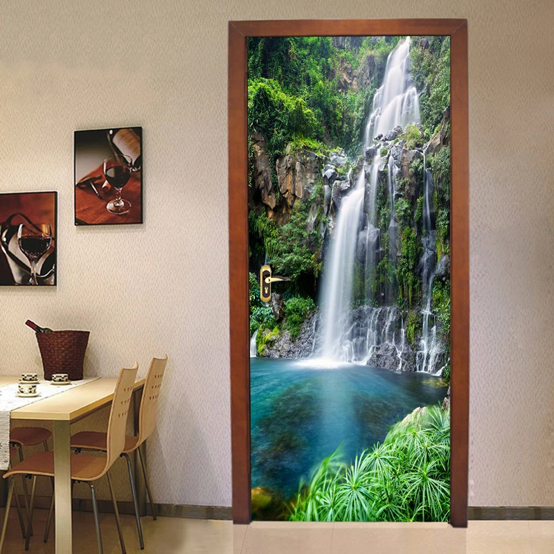 3D Фотообои Водопад Природа Пейзаж Дверная Наклейка ПВХ Водонепроницаемая Самоклеящаяся Дверная Фреска Papel De Parede 3D Home Decor